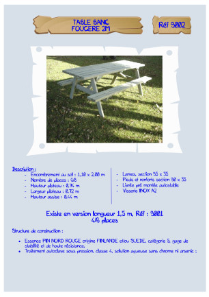 Table banc Fougère LA9001/LA9002 Loisirs Aménagements - Educ' Loisirs