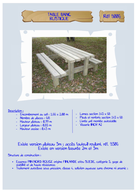 Table-banc Rustique 2 M assise 43 cm LA9006