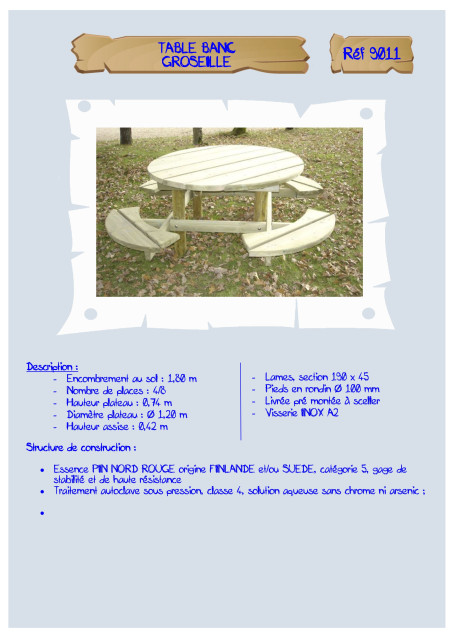 Table-banc ronde Groseille assise 42 cm LA9011