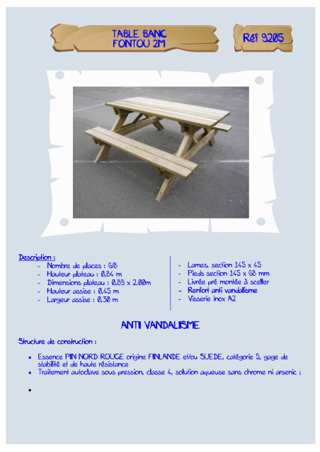 Table-banc Fontou assise 45 cm LA9205