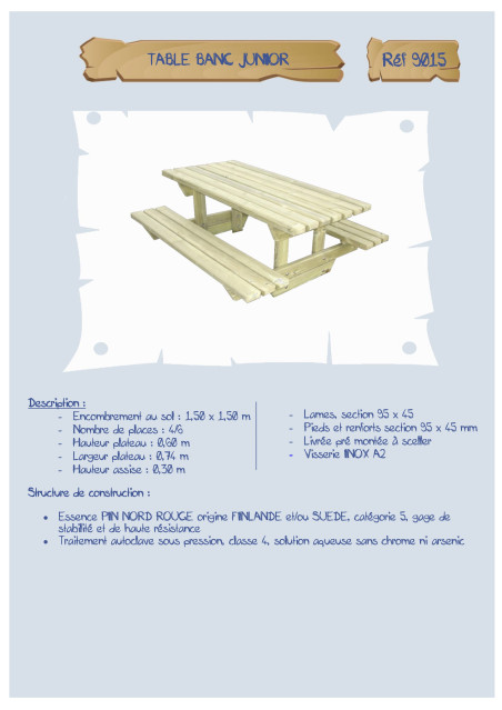 Table-banc Junior assise 30 cm LA9015