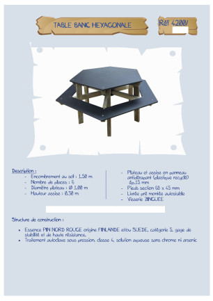 Table banc hexagonale assise 30 cm LA4200 Loisirs Aménagements - Educ' Loisirs