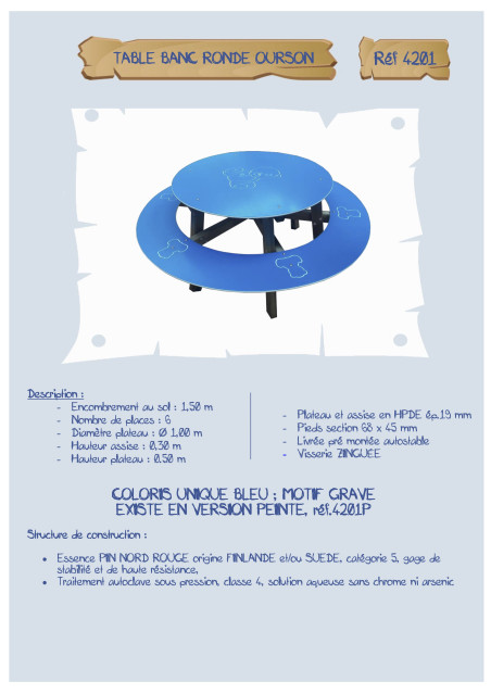 Table-banc ronde Ourson assise 30 cm LA4201NP